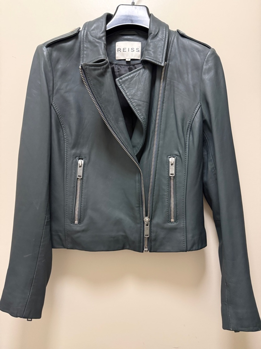 REISS Dark Green Moss Leather Asymmetric Moto Jacket Size M